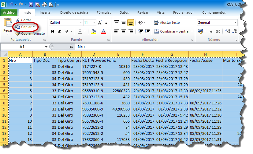 Copiar Archivo CSV Registro de Compras y Ventas
