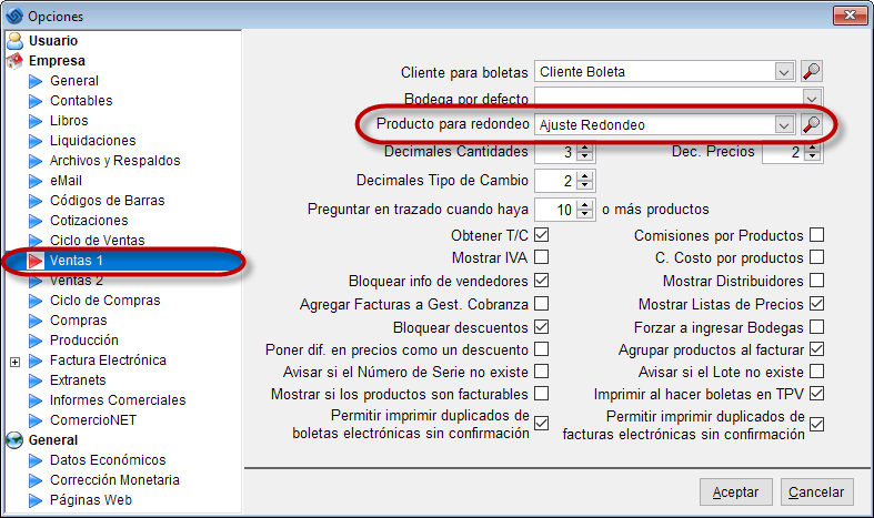 Software Ventas - Opciones producto redondeo