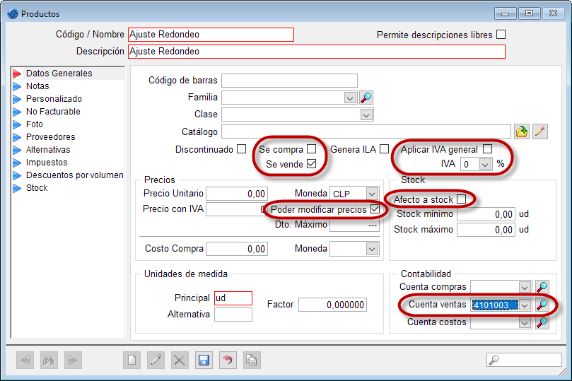 Software contable, Datos producto ajuste por redondeo